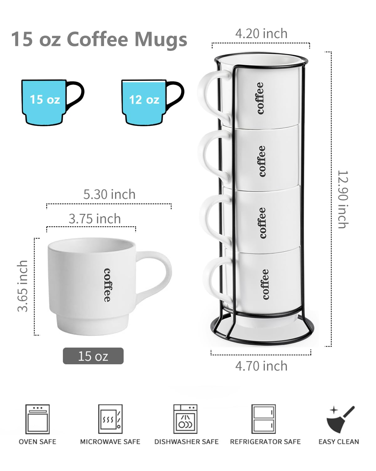 Lauchuh Coffee Mugs Set Of 4, 15 Ounce Stackable Coffee Mugs With Rack Latte Cup Porcelain Mugs For Coffee, Tea, Hot Cocoa, Milk