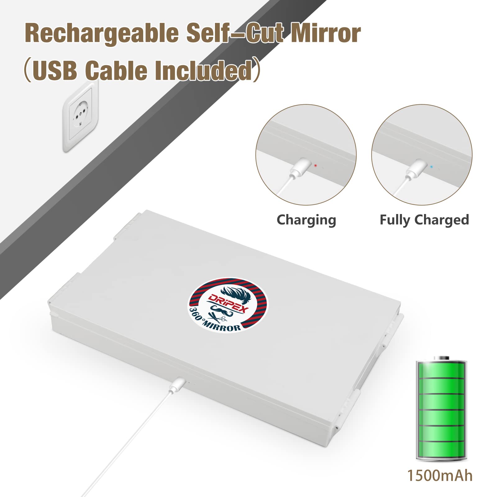 Dripex 3 Way Mirror For Self Hair Cutting, Rechargeable 360 Mirror With Led Lights, Trifold Self Haircut Mirror With Height Adju