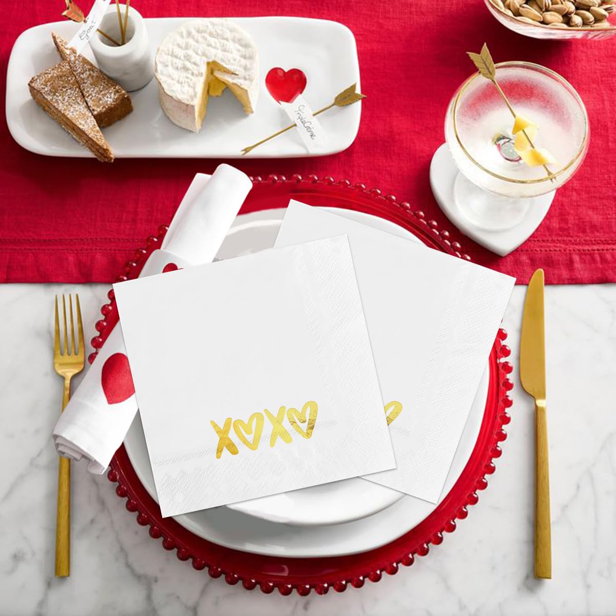 Horaldaily 50 Valentine Disposable Paper Decorative Guest Napkins, Xoxo Golden Foil Heart Hand Towel For Party Lunch Dinner Kitc