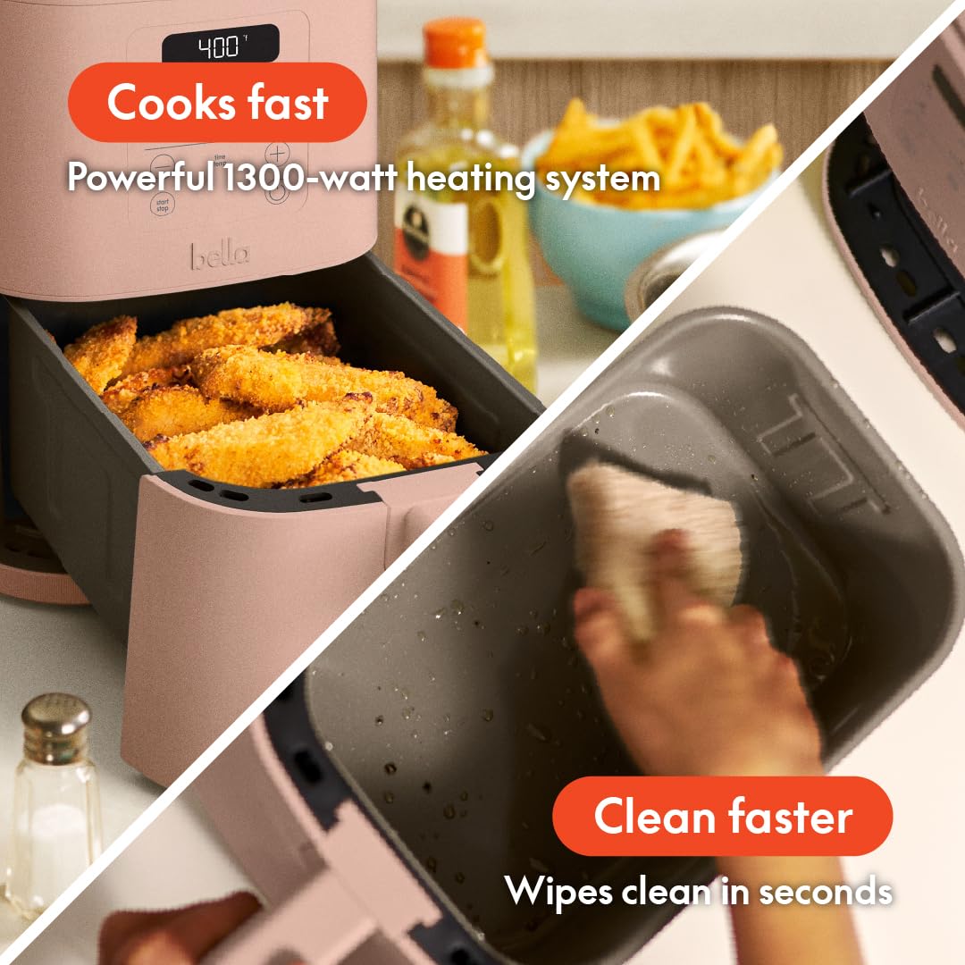 Bella 4Qt Slim Air Fryer, Fits-Anywhere Kitchenware, Evergood Ceramic Nonstick Coating, Adjustable Temperature, 6 Preset Cooking