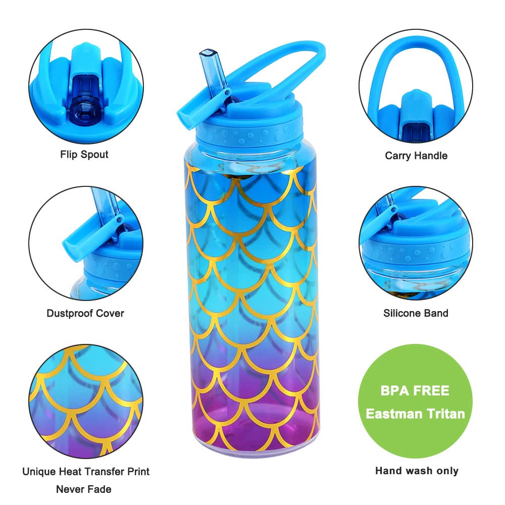 Home Tune Cute Water Bottle with Straw  BPA FREE Tritan &Leak Proof & Carry Handle & Pretty Design  32oz/950ml (Mermaid)
