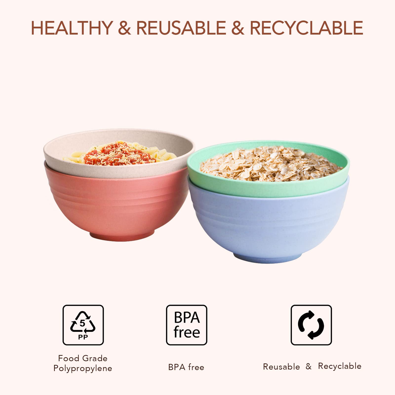 Greenandlife Lightweight & Unbreakable Wheat Straw Bowl - Noodle Fruit Soup Bowl Rice Bowls Dishwasher Microwave Safe Set 4Pcs