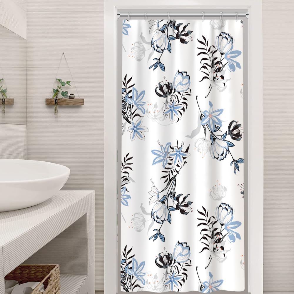 Ruelvth Stall Shower Curtain, Blue And Grey Floral Small Shower Curtain Waterproof Fabric Spring Flower Rv Shower Curtain Set Wi