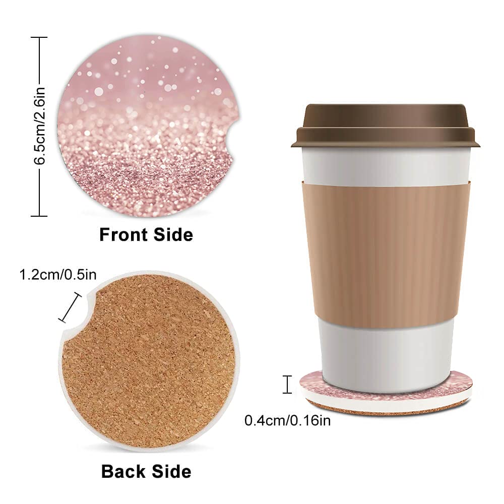 Pink Glitter Absorbent Car Coasters,Pretty Girly Ceramic Cup Holders Coasters With A Finger Notch For Women Men 2.56(2 Pieces)