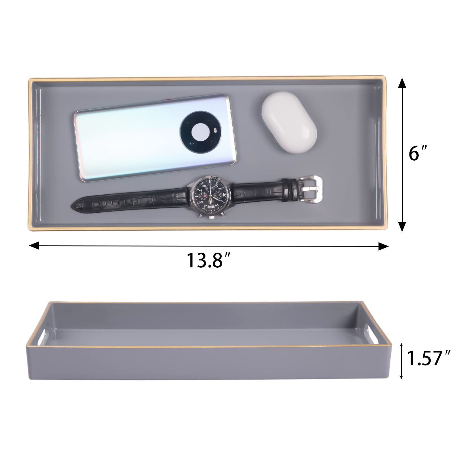 Maoname Gray Bathroom Tray, Plastic Vanity Tray, Countertop Tray, Gold Edged Decorative Tray With Handles, Perfume Organizer For