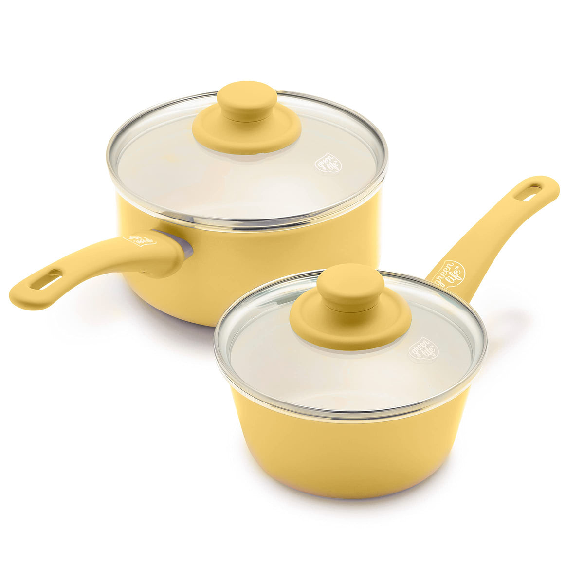 Greenlife Soft Grip Healthy Ceramic Nonstick, 1Qt And 2Qt Saucepan Pot Set With Lids, Pfas-Free, Dishwasher Safe, Yellow