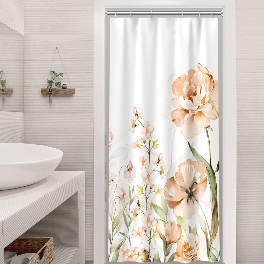 Ruelvth Stall Shower Curtain, Aesthetic Yellow And Pink Floral Shower Curtain Set Waterproof Fabric Spring Flower Small Bathroom