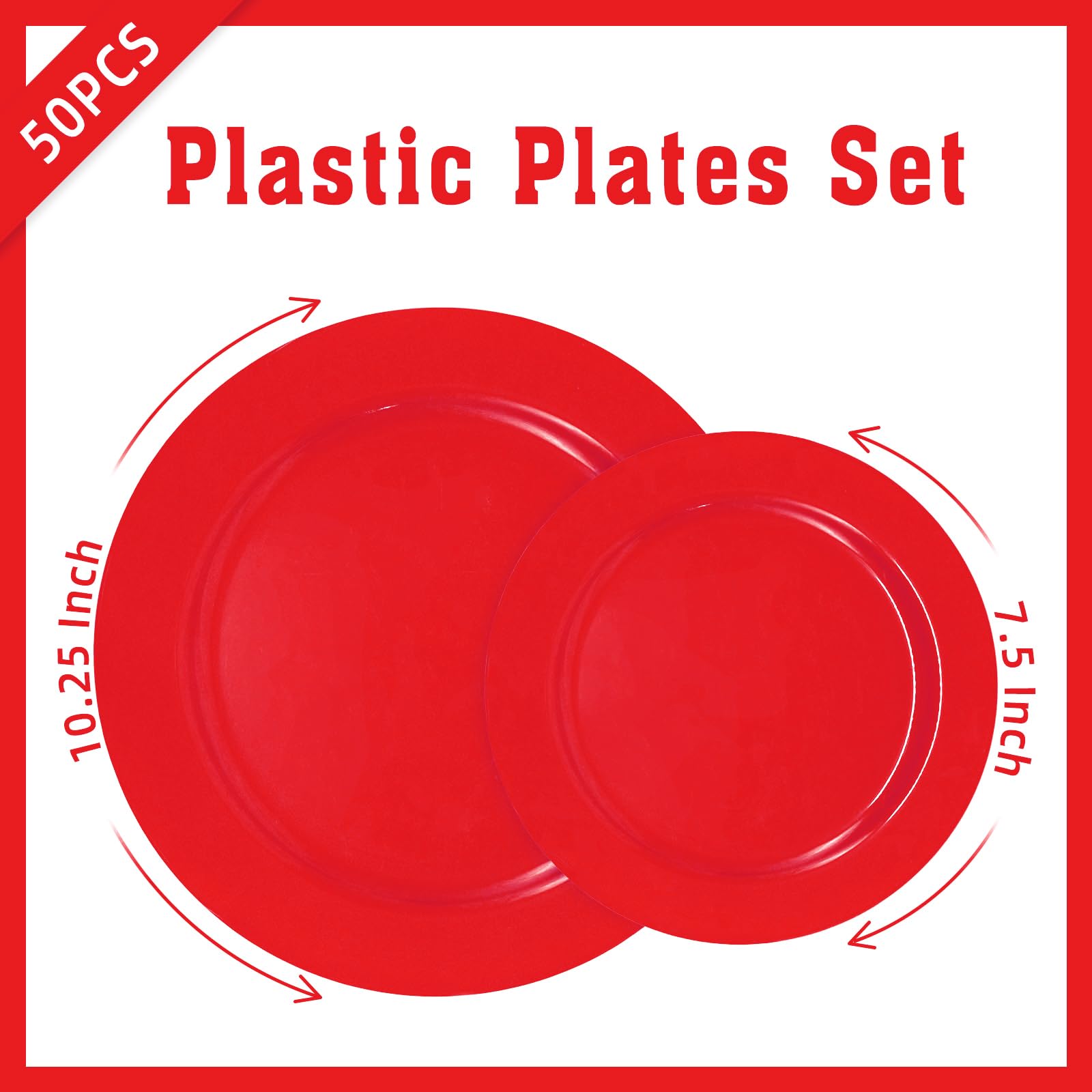 Joy Akkess 50Pcs Red Plastic Plates Disposable Plates Heavy Duty 25 Red Dinner Plates 10.25   , 25 Red Dessert Plates 7.5   , Re