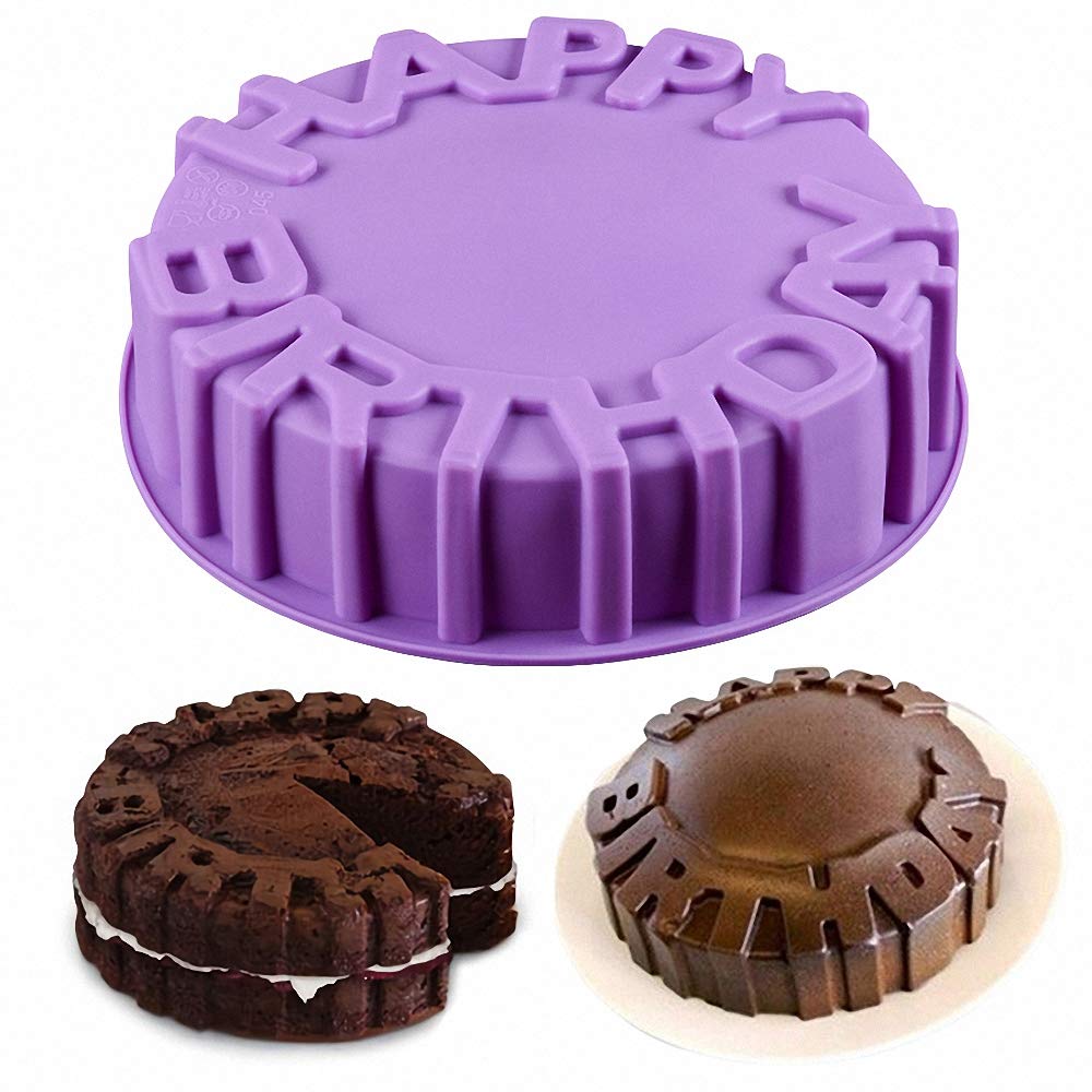 Hiparty Happy Birthday Silicone Cake Pan, 7.9'' Birthday Round Circle Baking Mold Cheese Cake Jelly Pudding Muffin Pizza Pie Fla