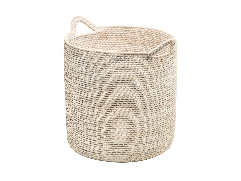 Kouboo Laguna Round Ear Handles, White-Wash Rattan Storage Basket