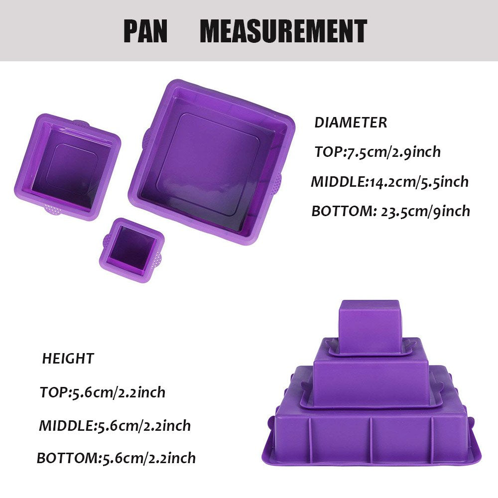 Webake Square Cake Pan Set Silicone Cake Mold Baking Pans For 3 Tier Cake Layer Tin, 9 Inch, 6 Inch, 3 Inch For Birthday Wedding