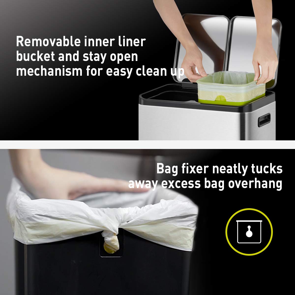 EKO EcoCasa II 30L+30L Dual Compartment Kitchen Recycle Trash Can  Brushed Stainless Steel Finish (EK9129MT-30L+30L)