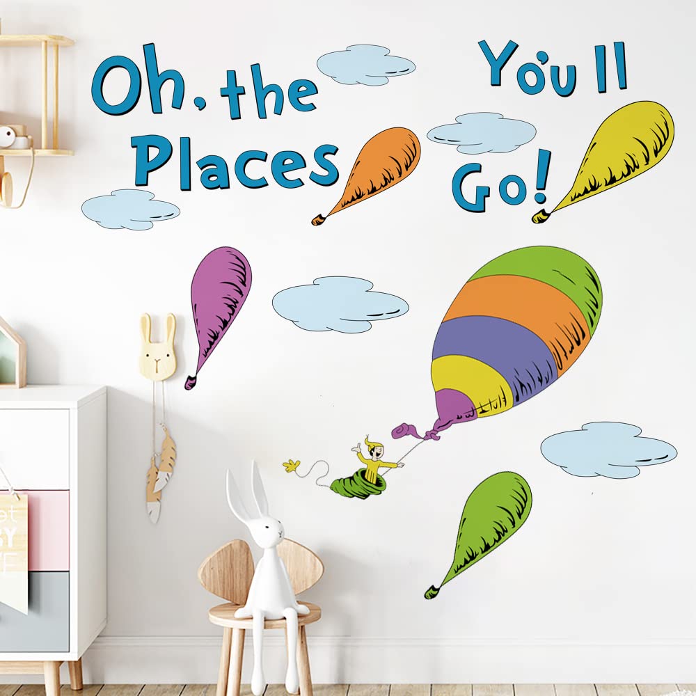 Runtoo Oh The Places You'Ll Go Wall Art Decal Inspirational Quotes Hot Air Balloon Wall Stickers Kids Reading Room Playroom Bedr