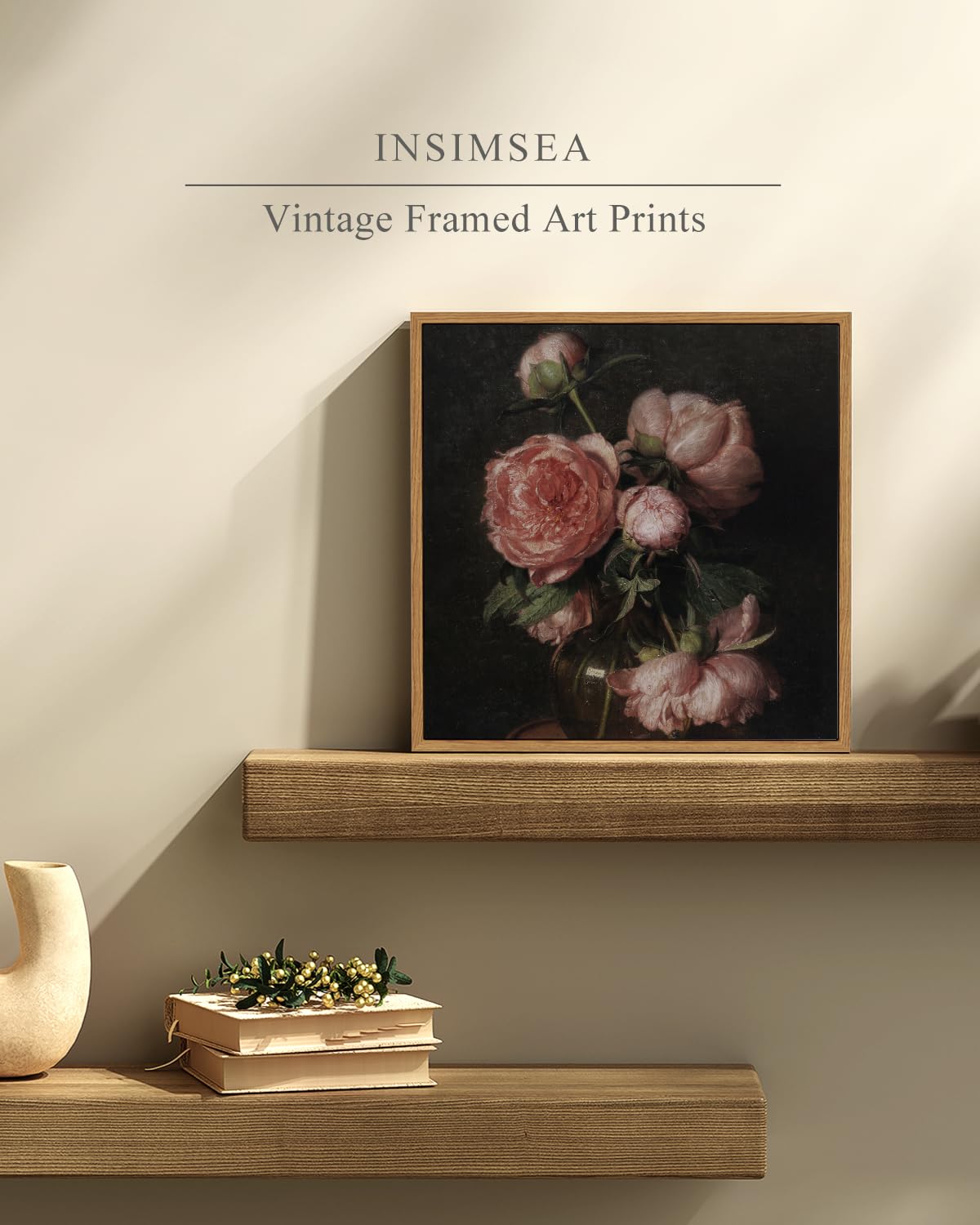 Insimsea Square Framed Canvas Wall Art, Flower Vintage Floral Peony Paintings Wall Prints, Wall Art For Living Room, Office Deco