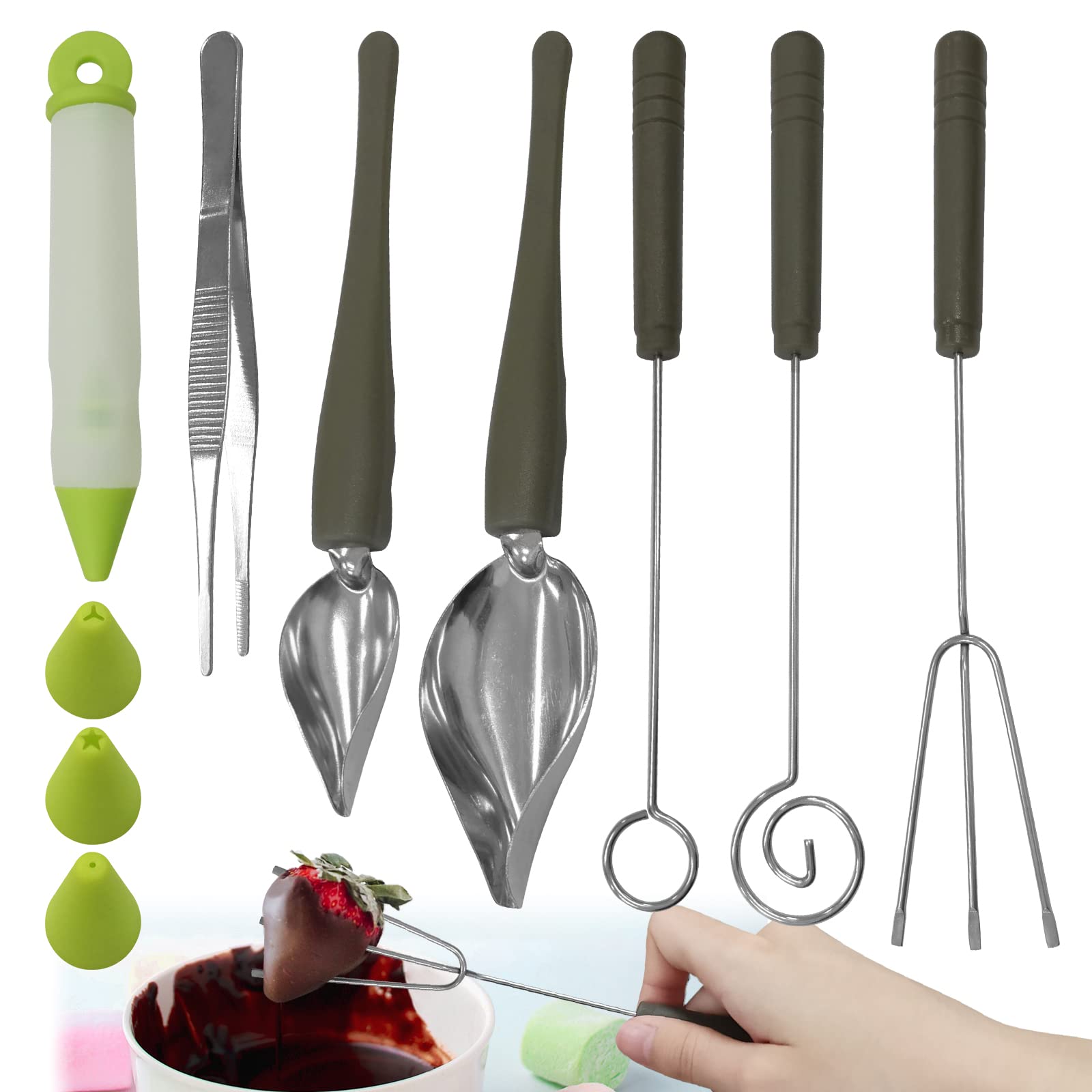 Daily Treasures 7Pcs Diy Decorating Tool Set, 3Pcs Chocolate Dipping Fork Spoons & 2Pcs Culinary Drawing Decorating Spoon With 1