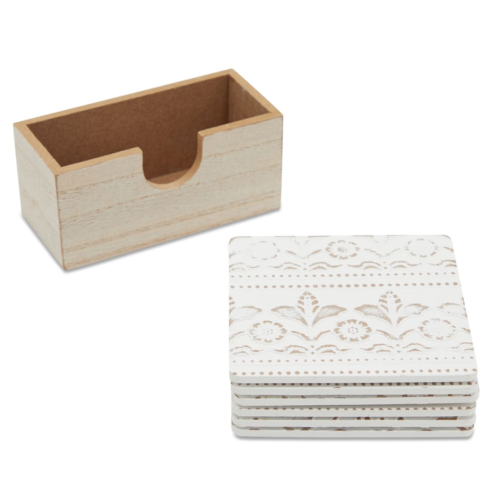 Set of 6 White Wooden Coasters with Holder for Drinks  Coffee Table  and Floral Farmhouse Decor (3.8 Inches)