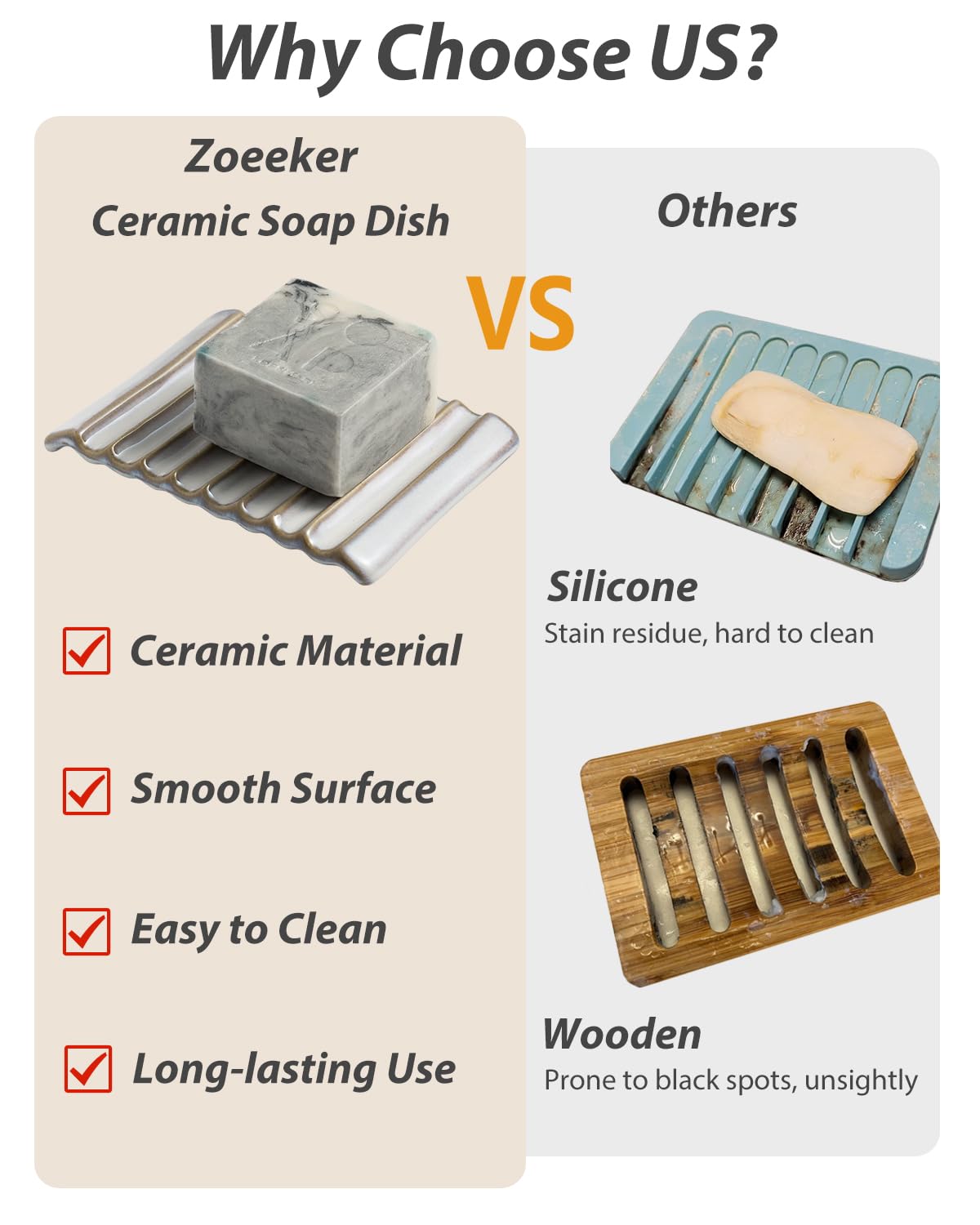 Zoeeker Soap Holder, Ceramic Bar Soap Dishes Soap Saver For Bathroom, Shower, Sink, Kitchen, Countertop, Bath Tub, Keep Soap Bar
