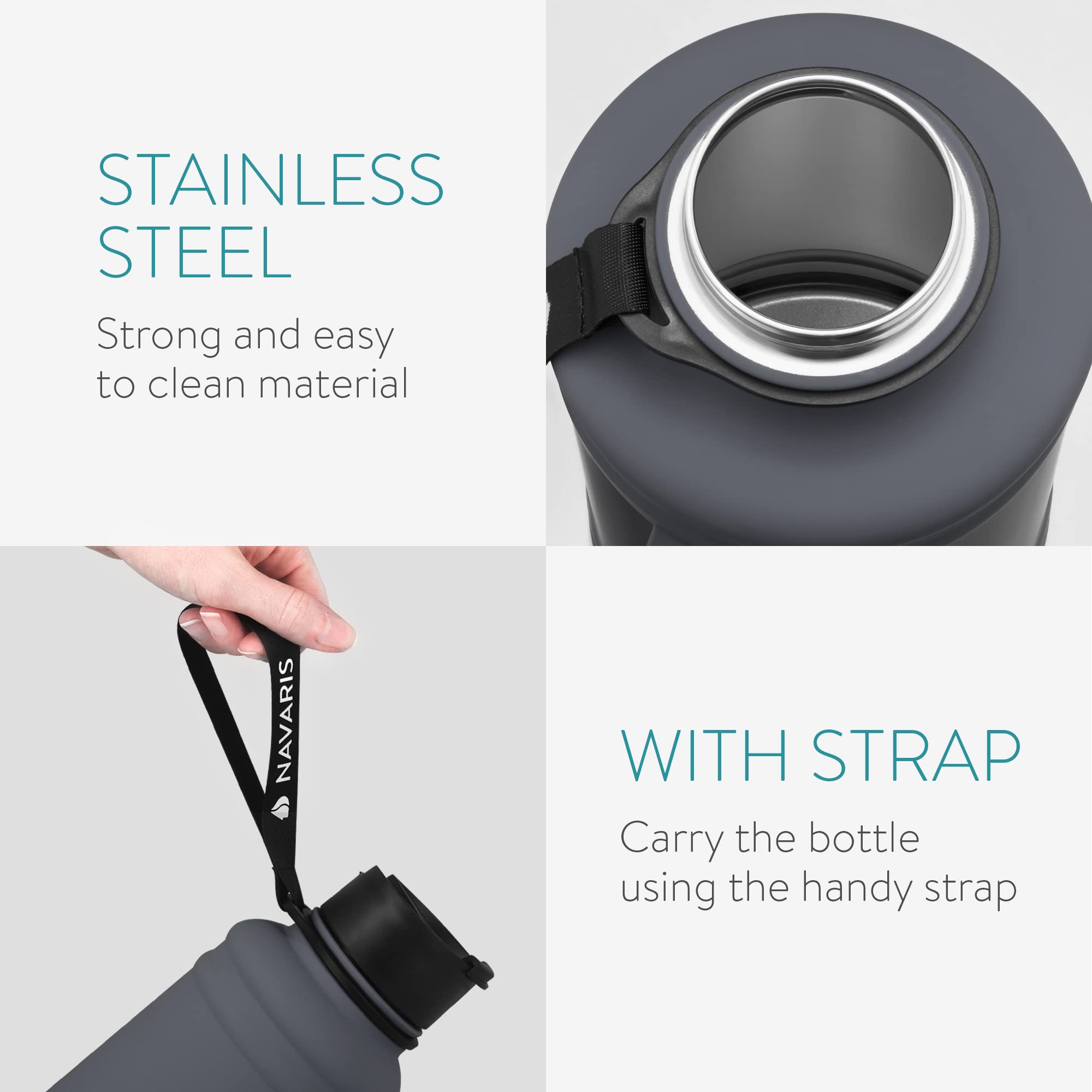 Navaris Half Gallon Water Bottle With Handle - Single-Walled 74 Oz (2.2L) Stainless Steel Water Jug - Large Reusable Metal Drink