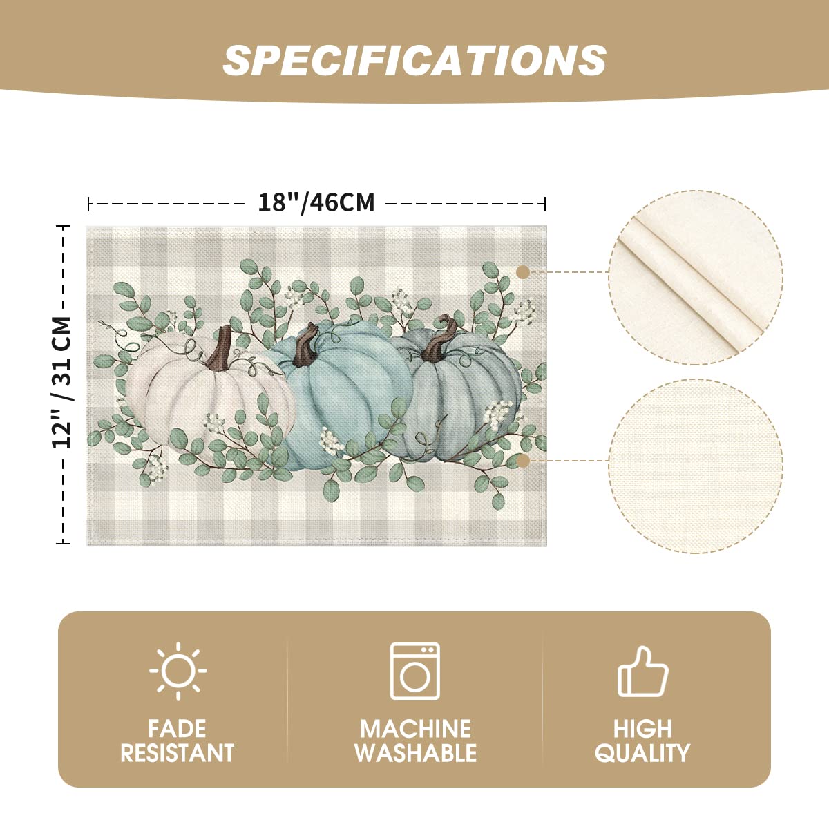 Artoid Mode Pumpkins Eucalyptus Leaves Fall Placemats Set Of 4, 12X18 Inch Autumn Thanksgiving Harvest Vintage Table Mat For Par