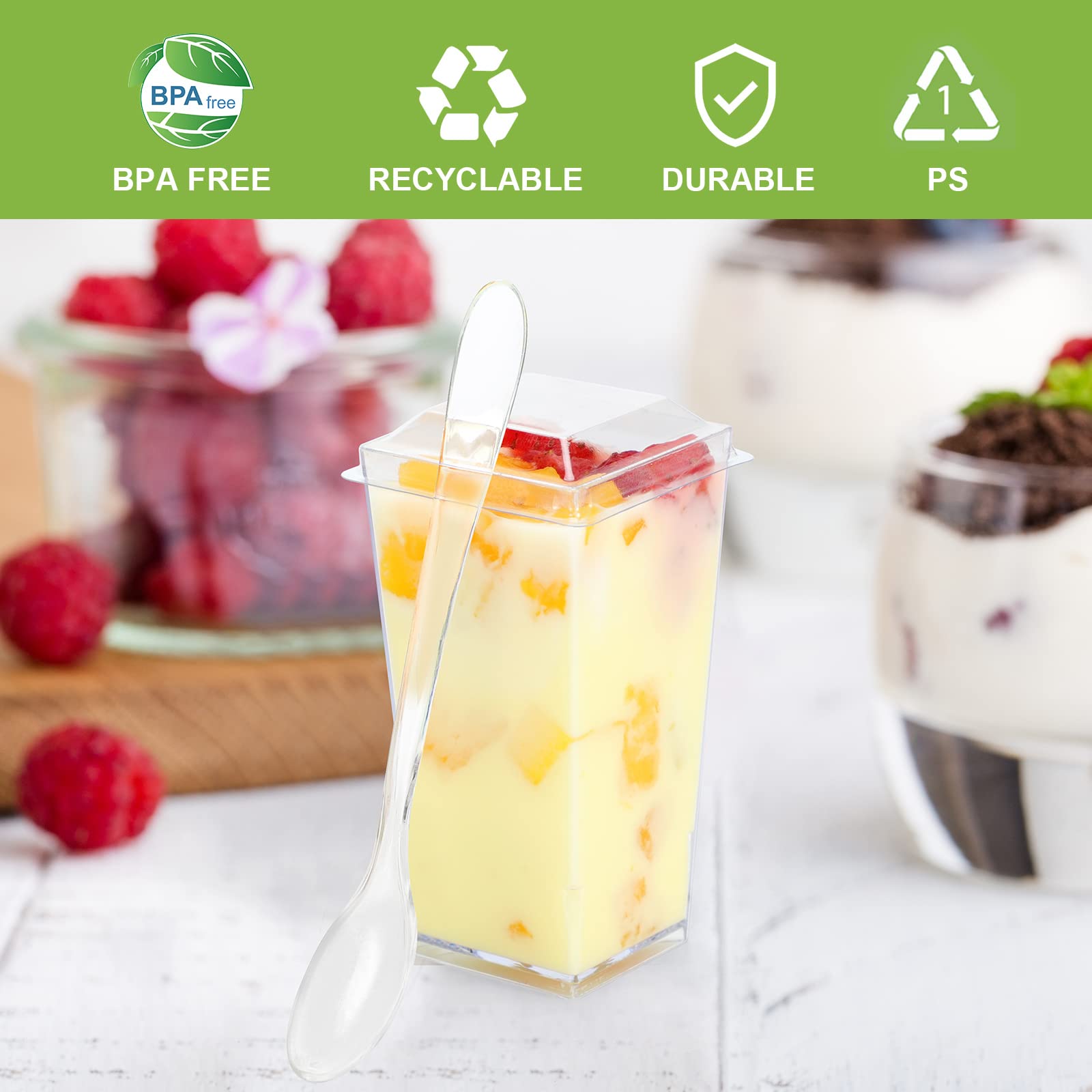Easercy 50 Pack 3 Oz Square Mini Dessert Cups With Lids And Spoons Clear Dessert Shooter Cups With Spoons Parfait Cups With Lids