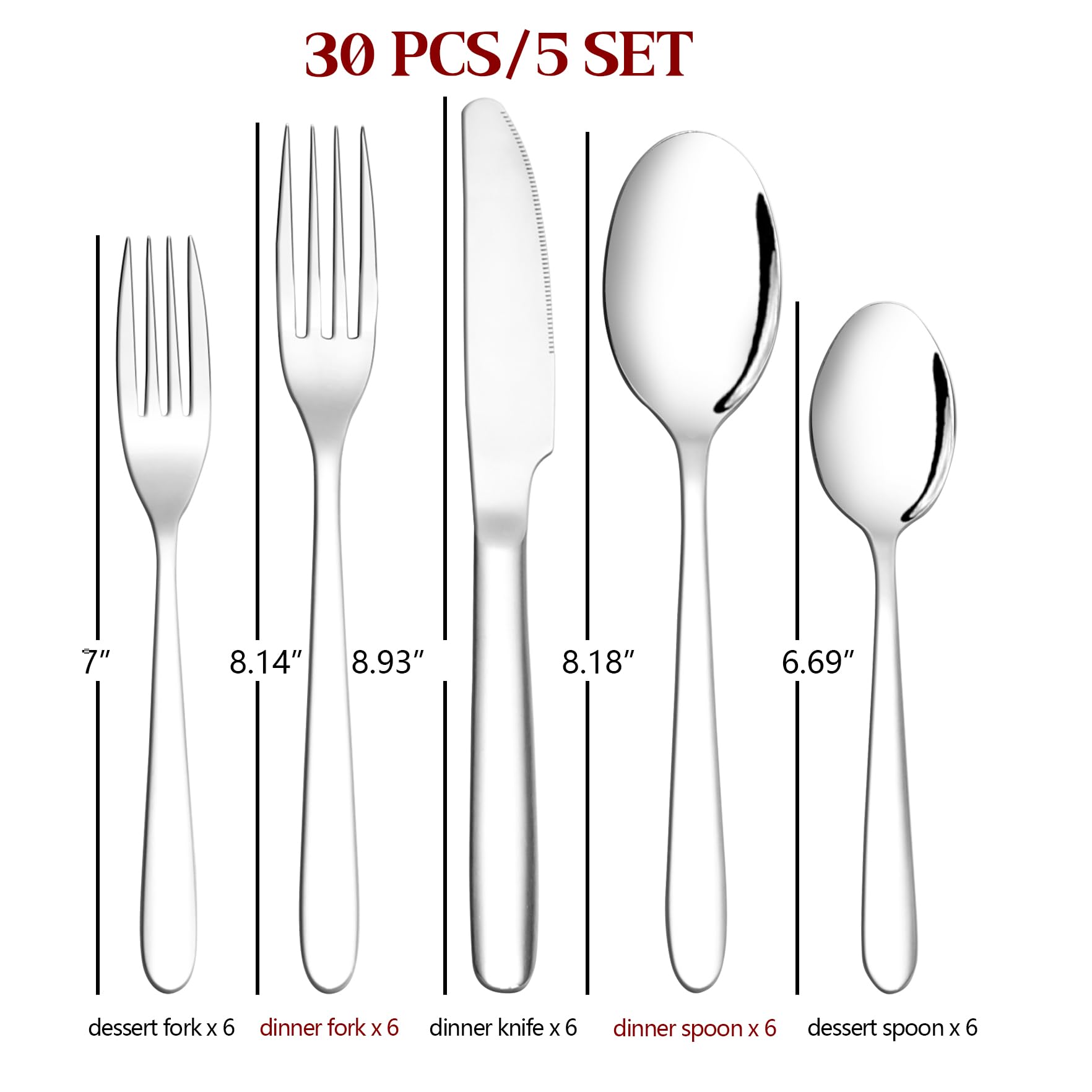 Kekow 30-Piece Silverware Set Service For 6, Stainless Steel Flatware Set, Mirror Polished
