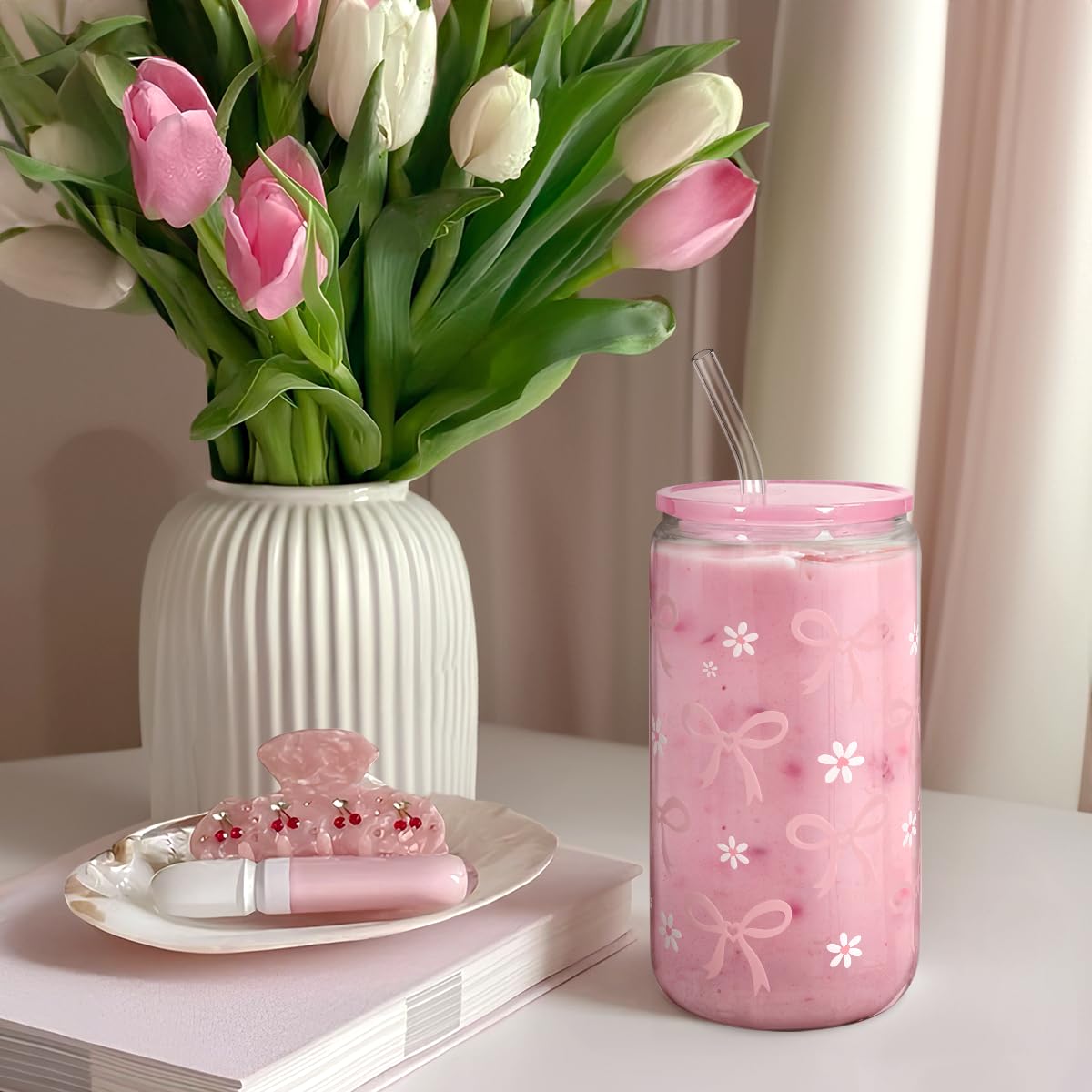 Bow Glass Can, Bows Cup with Lid & Straw, Iced Coffee Aesthetic Cups, Idea Gift for Christmas Birthday Mother Day, Gifts for Wom