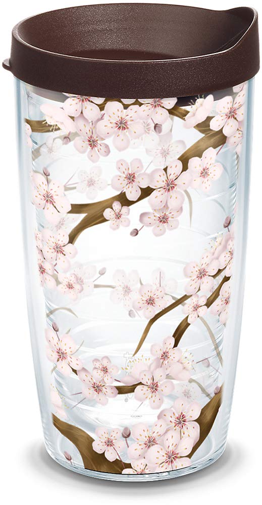 Tervis 1041201 Cherry Blossom Tumbler With Wrap And Brown Lid 16Oz, Clear