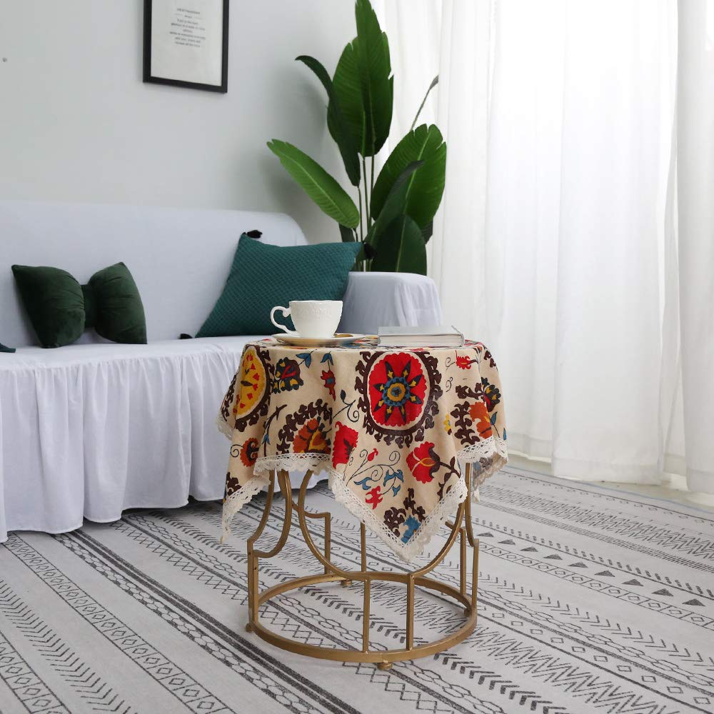 Aothpher Modern Boho Floral Jacquard Washable Tablecloths With Lace For Dining Table, 35X35 Inches