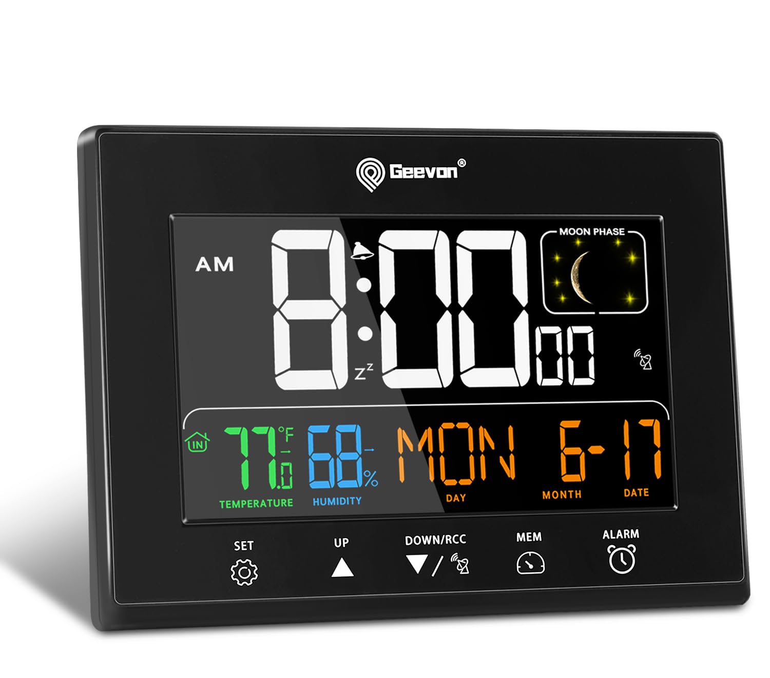 Geevon Digital Atomic Alarm Clocks for Bedrooms with 2 USB Ports, Color VA Display Atomic Clock with Indoor Temperature and Humi