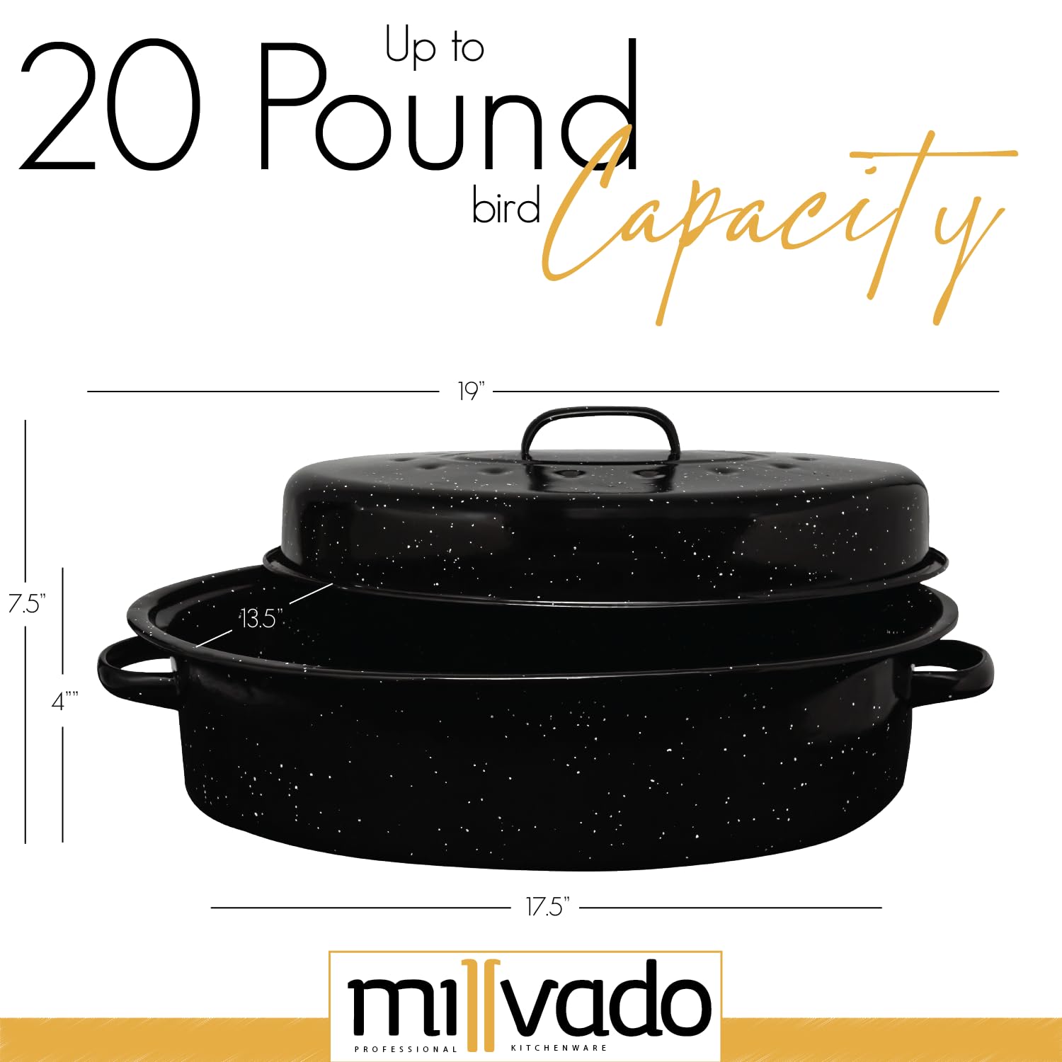 Millvado Roasting Pan With Lid, Thanksgiving Turkey Roaster Pan, Extra Large 20 Lb Capacity, 19'' Granite Oven Roaster Oval Shap