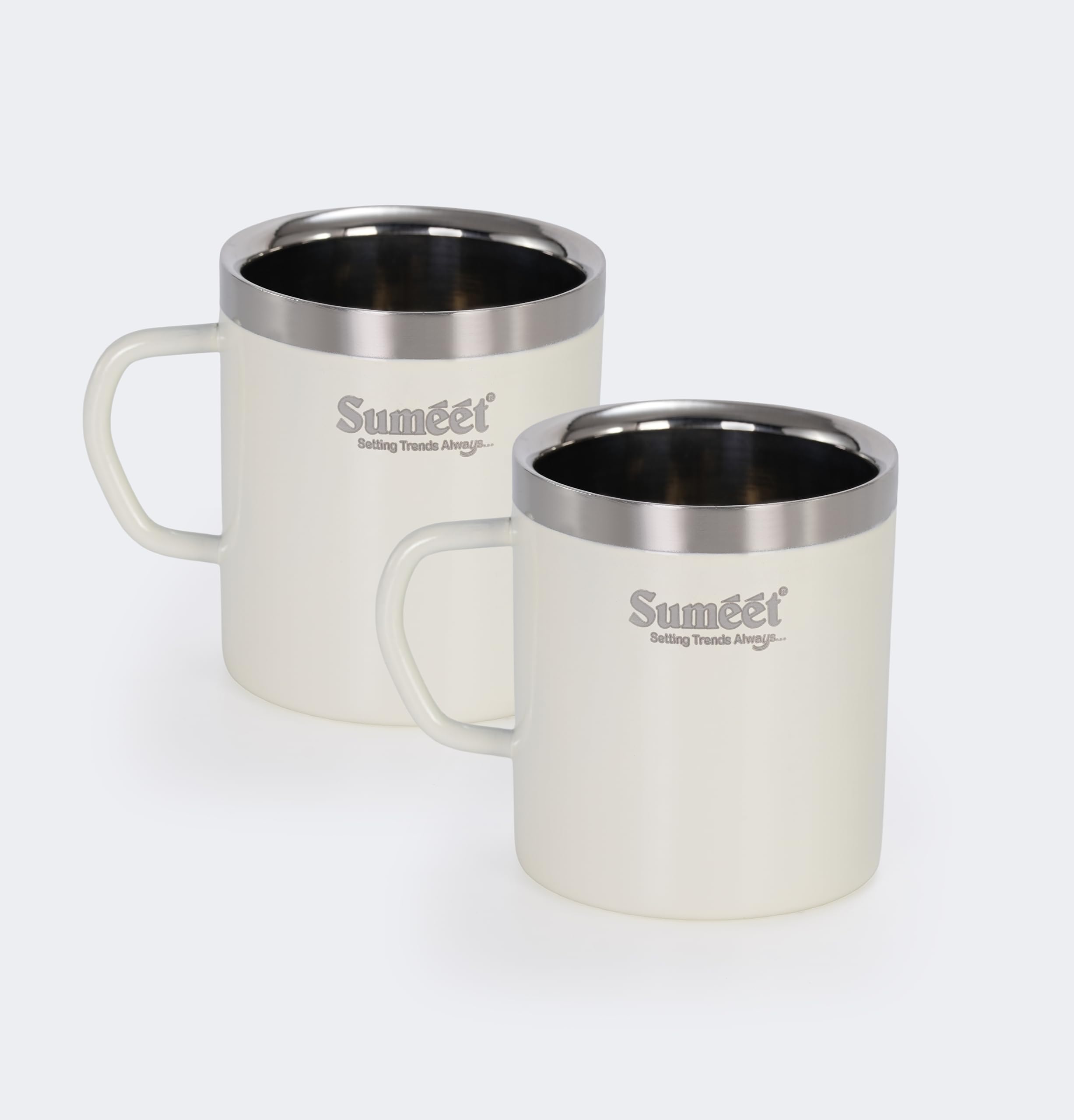 Sumeet Stainless Steel Coloured Double Wall Tea Milk Coffee Mug Set of 2Pc - 300ml - off-white