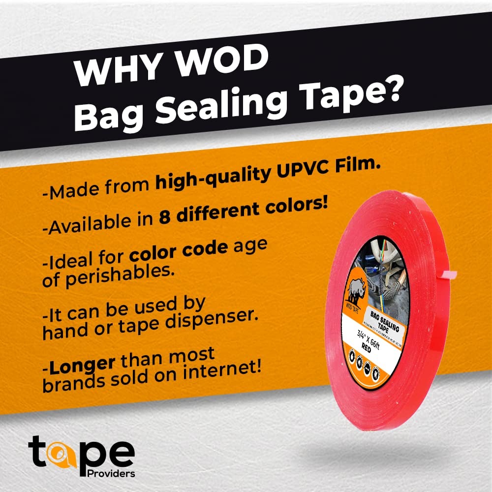 WOD Yellow Produce Poly Bag Sealing Tape, 3/8 inch x 180 yds. (Pack of 10) for Packaging and Sealing of Meat, Gifts, or Ice Bags