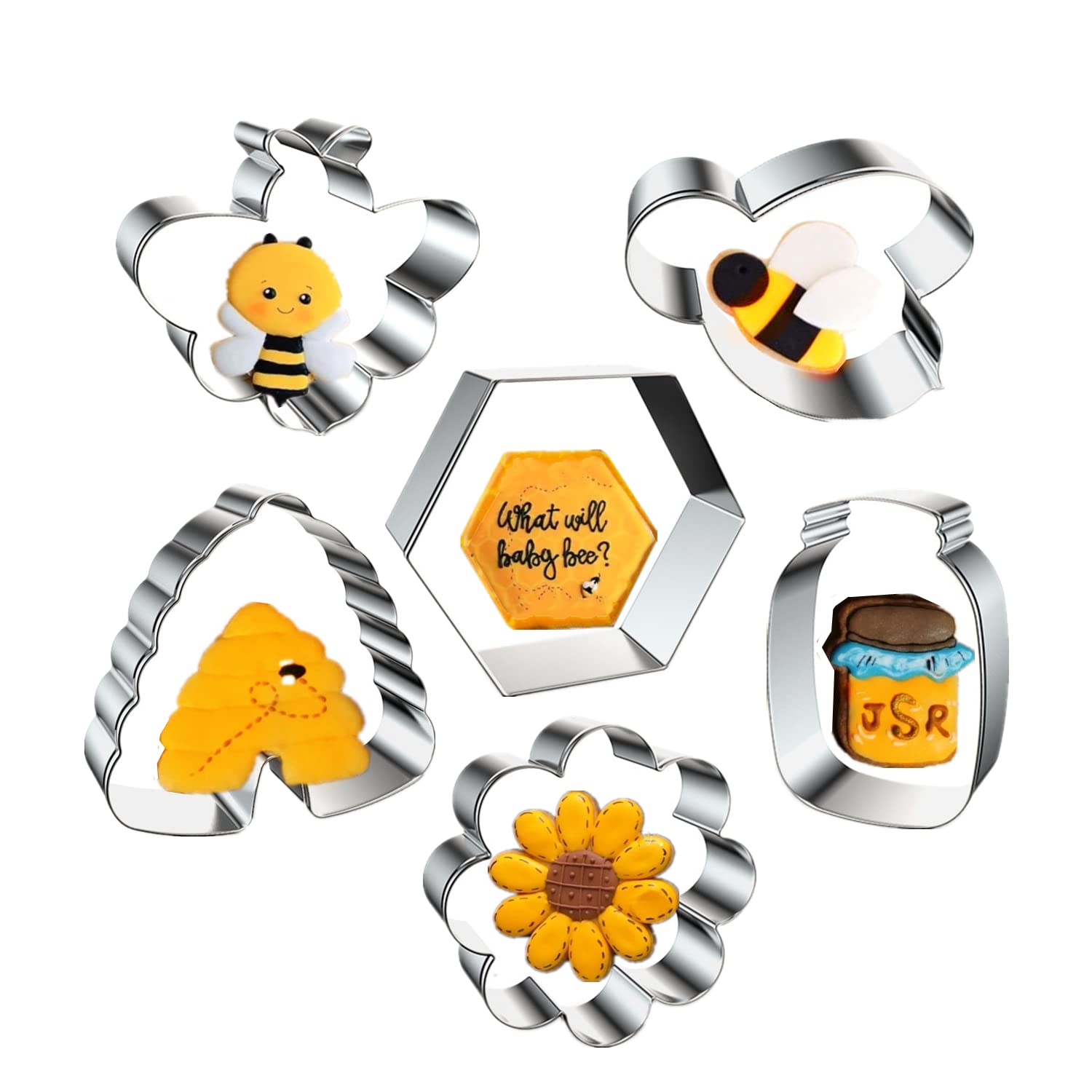 6Pcs Bee Cookie Cutters, Bee, Beehive,Honey Jar, Flower, Honeycomb Stainless Steel Biscuit Cutters Molds, Honey Bee Themed Shape