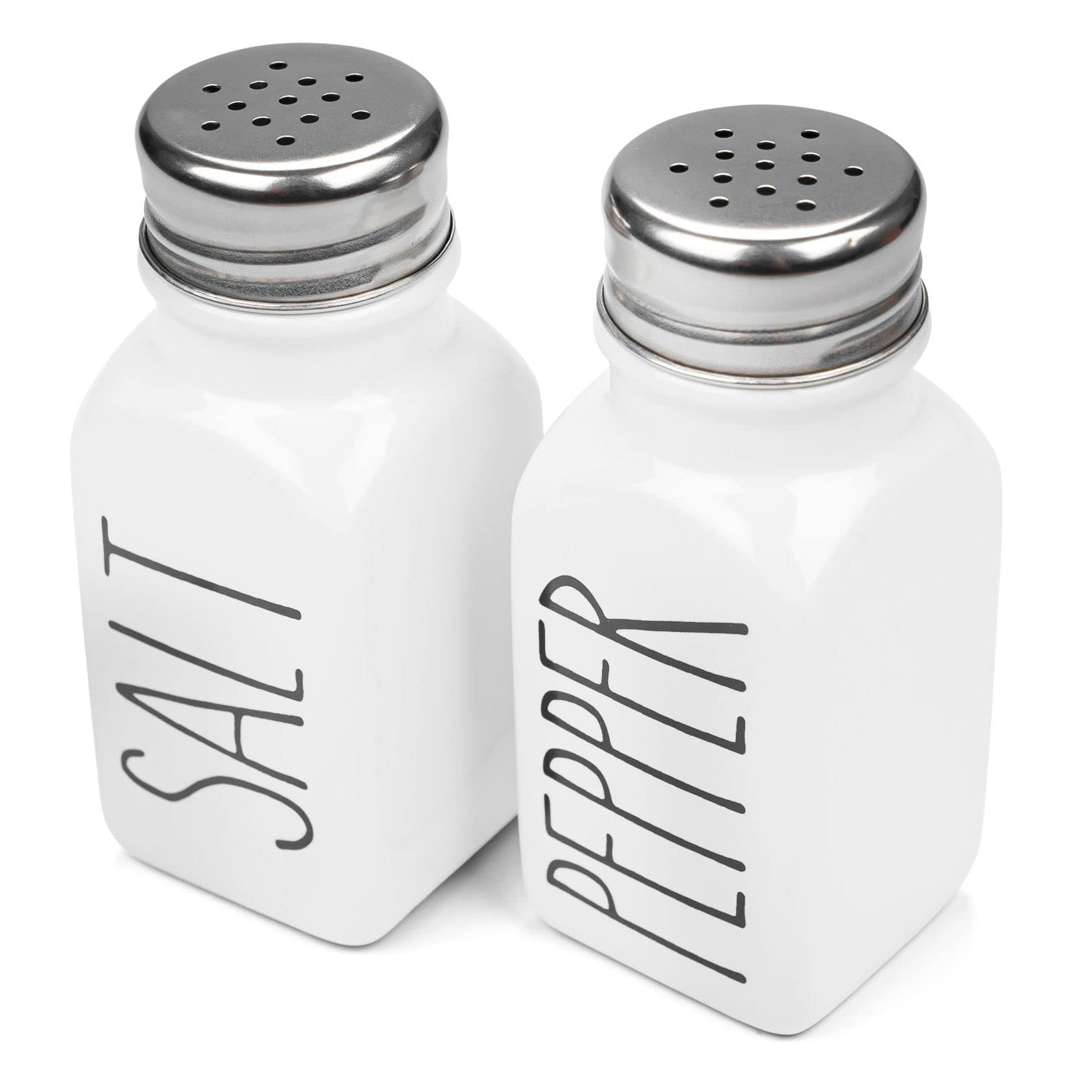 Farmhouse Ceramic Salt And Pepper Shakers Set With Extra Lids. 100% Stoneware Salt And Pepper Shaker Set. White Pepper And Salt