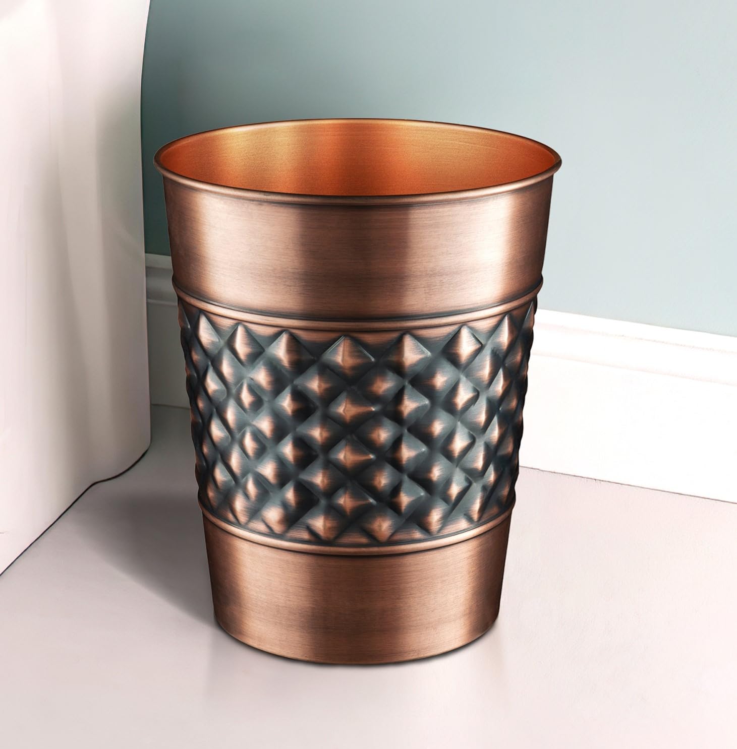 Monarch Abode 29628 Handcrafted, Geometric Embossed, Metal Wastebasket Trash Can For Home Office Bedroom, Decorative Wastebasket