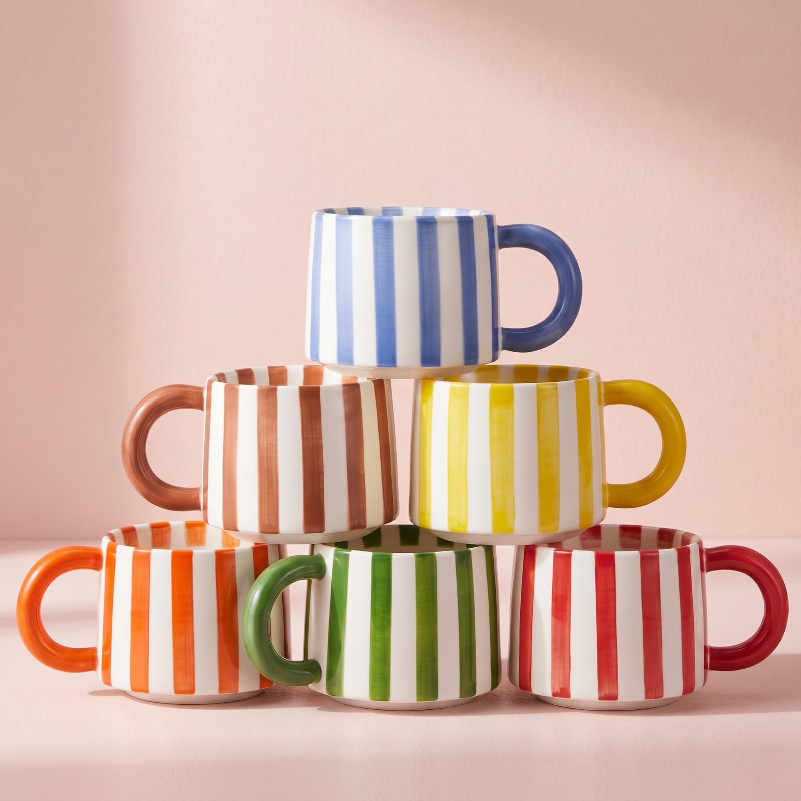 Zhehao 6 Pcs Striped Coffee Mugs, 8 oz Ceramic Espresso Cup,Bright Color