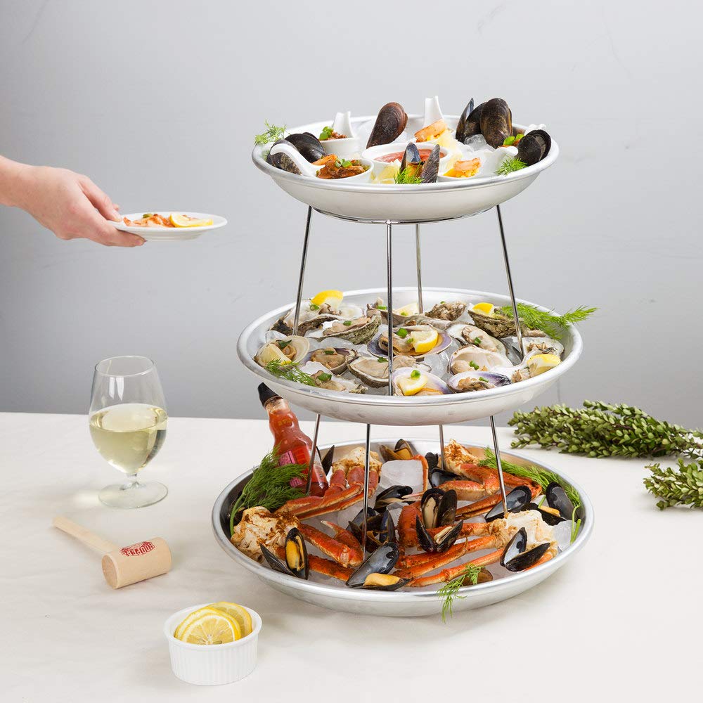 TableTop King 3-Tier Seafood Tower Set with Small Aluminum Trays and Stand