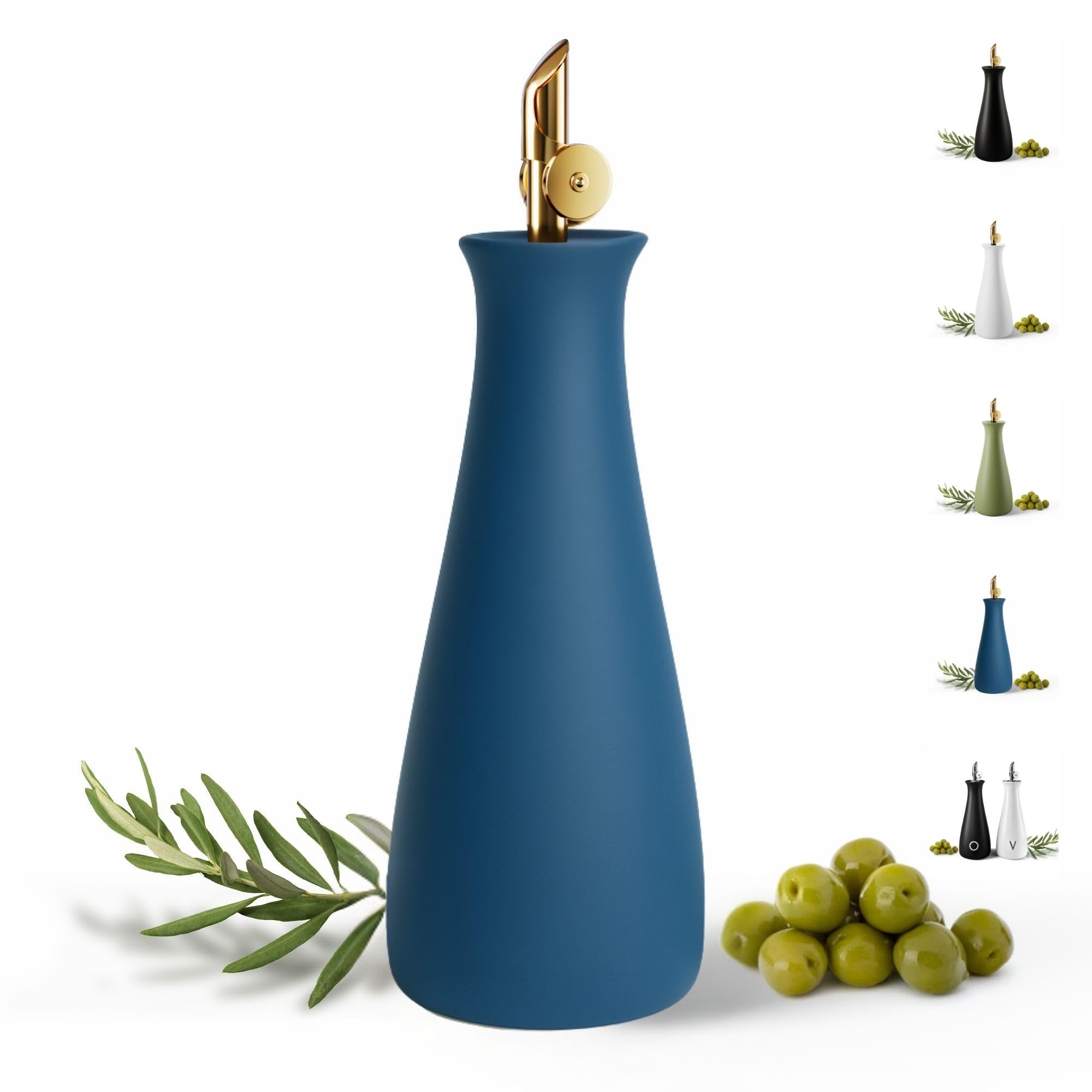 Ceramic Olive Oil Dispenser with Self-Closing Gold Spout - 530 ML Capacity Matte Blue Ceramic Oil Dispenser for Kitchen - Leak P