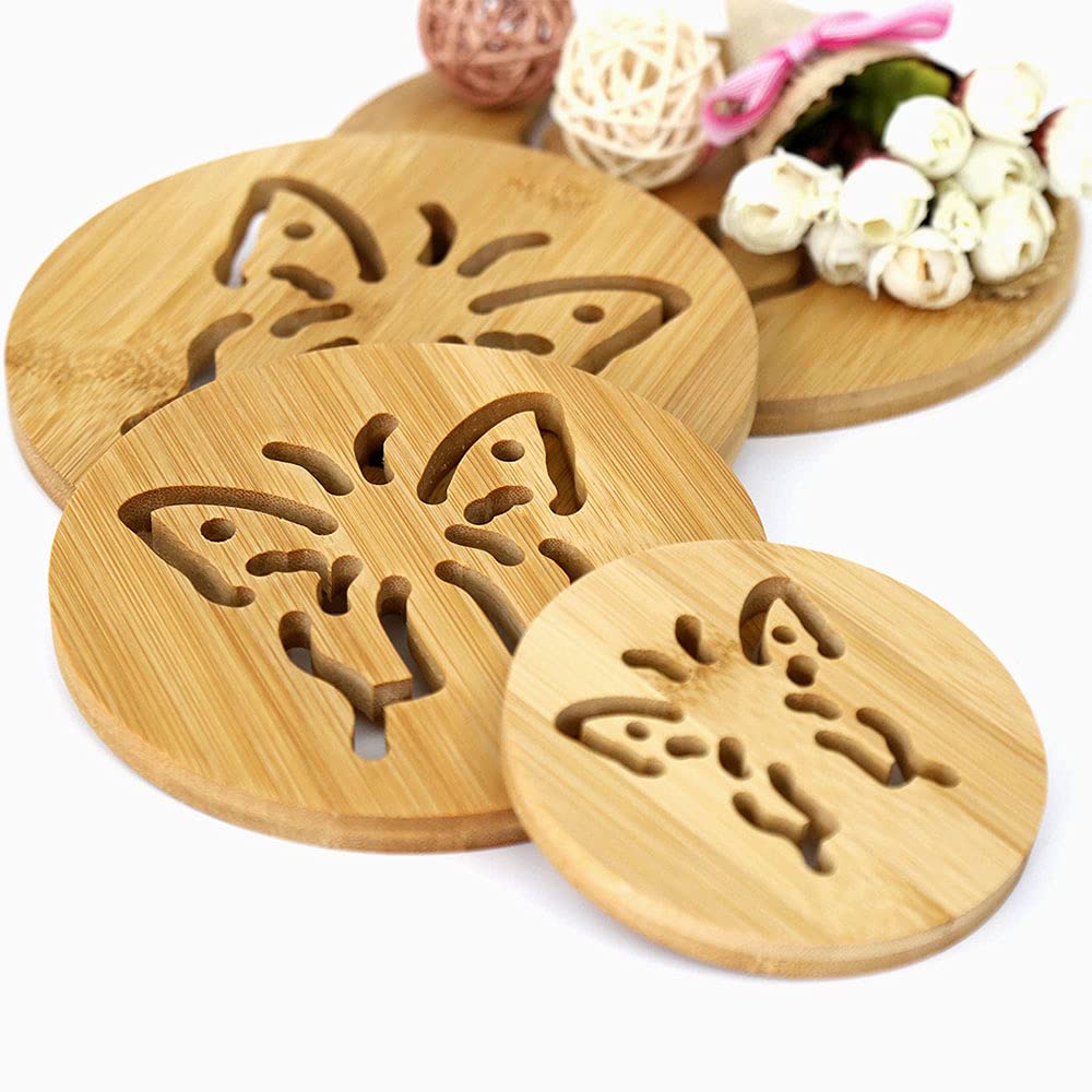 Alfeel 4 Piece Bamboo Trivet - Home Kitchen Multifunction Bamboo Heat Resistant Pads Trivet, Round Multi-Size Placemat Coaster F