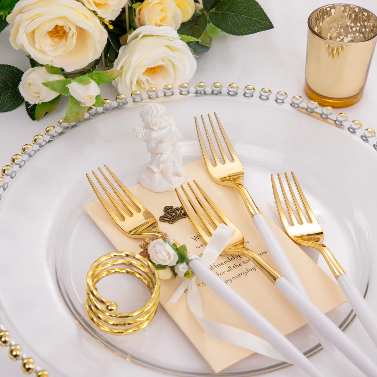 I00000 144 Gold Plastic Forks, Disposable Gold Flatware With White Handle, Look Like Gold Cutlery For Party Wedding