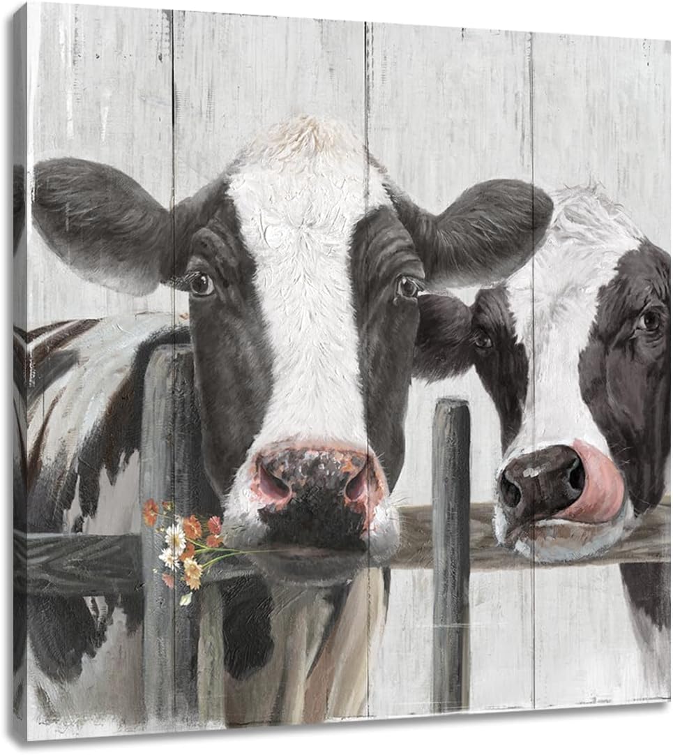 Couple Cow Pictures Wall Decor, Love Themed Canvas Wall Art Print, Curious Cow Painting Poster, Funny Farm Animal Mural For Bedr