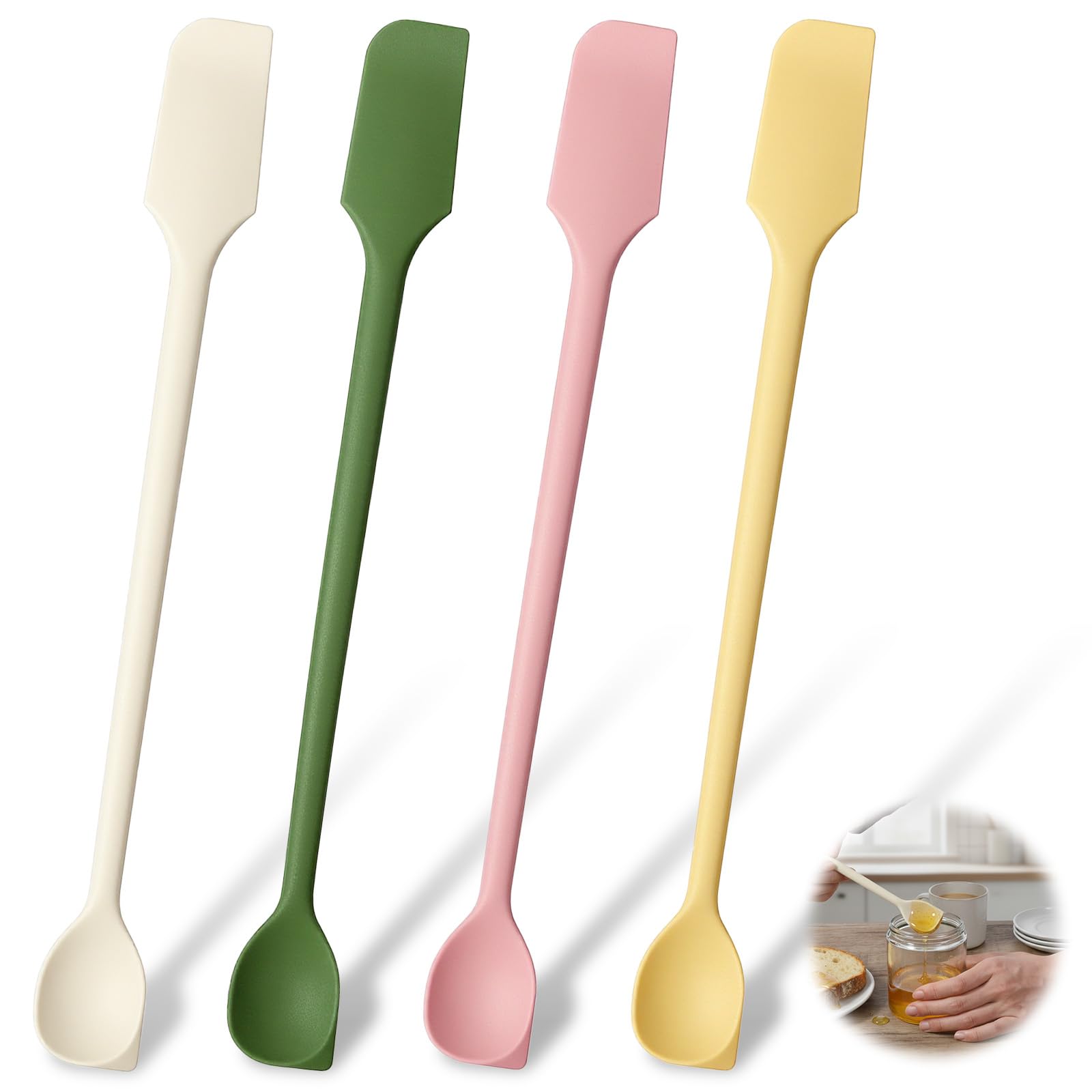 Matwsec 4 Pcs Long DualEnd Silicone Spatula, Small Spatula & Stirring Spoons for Jam Jars & Makeup, Thin Curved End for Scrapin