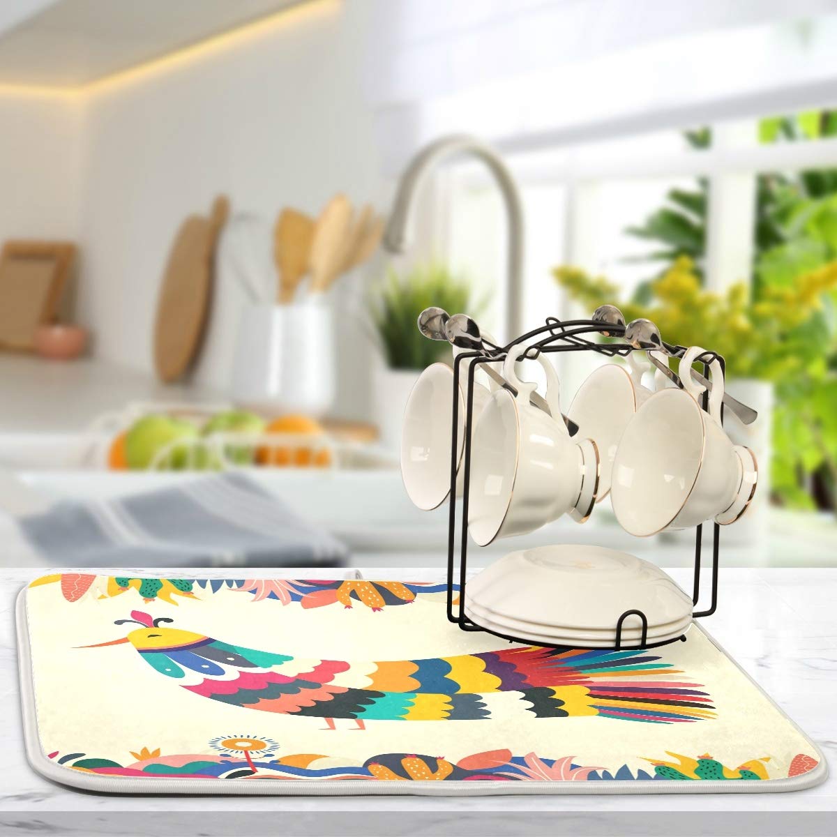 Colorful Mexican Design Stylish Artistic Bird Dish Drying Mat For Kitchen, Absorbent Microfiber Drying Pad Dish Mat, 24'' X 18''