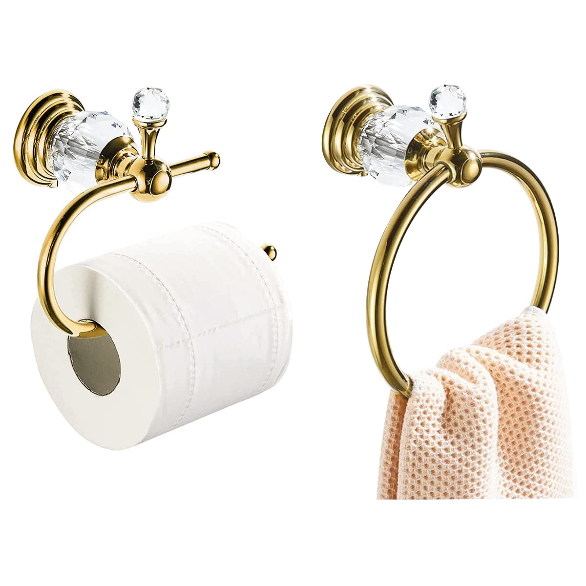 Wolibeer Crystal Towel Ring, Gold Toilet Paper Holder Hand Towel Holder Towel Hook Tissue Roll Paper Holder Wall Mounted Towel H