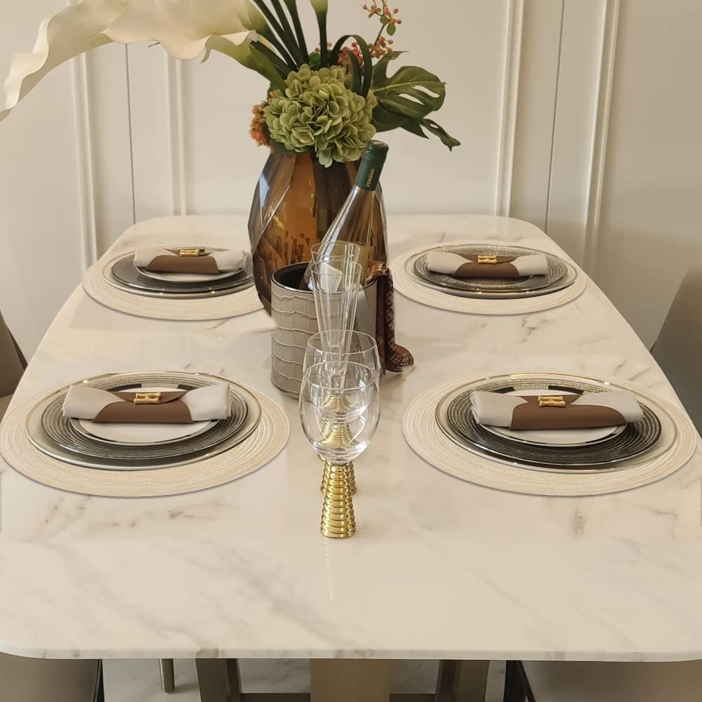 Homedge Round Placemat, Set Of 4 Braided Washable Table Mats 15 Inches-Beige