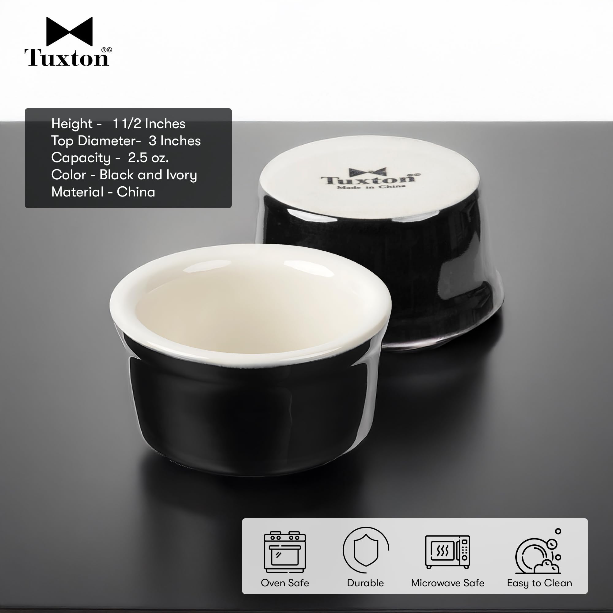 Tuxton China B4X-025 Ramekin, 2-1/2 Oz., 3'' Dia. X 1-1/2''H, Round, Microwave & Dishwashers Safe, Oven Proof, Fully Vitrified,