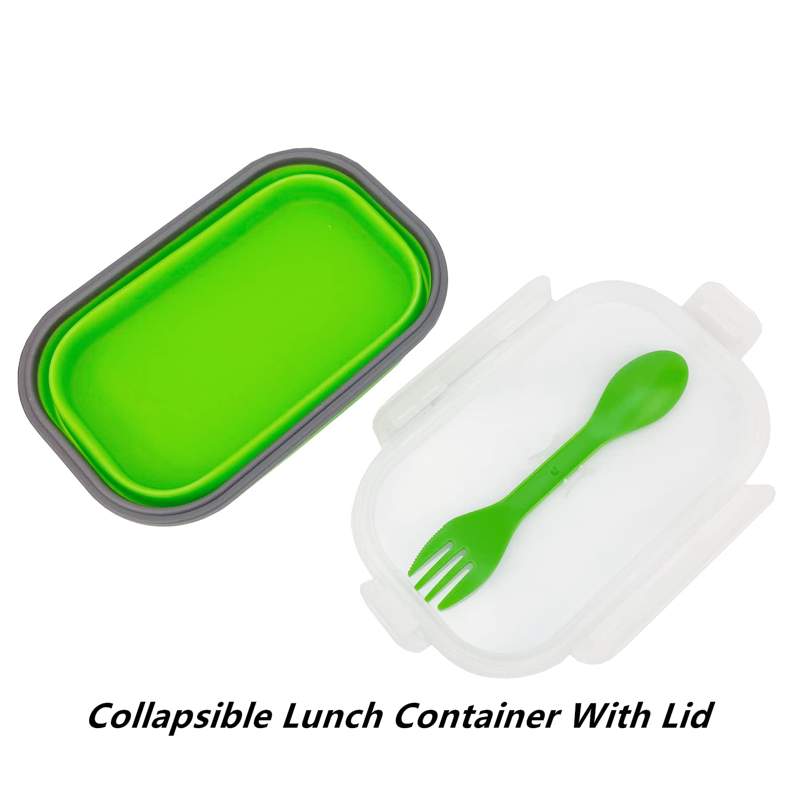 Green Food Grade Silicone Lunch Container Bento Box, Collapsible Food Storage Containers With Airtight Lids And 2In1 Fork, Reusa