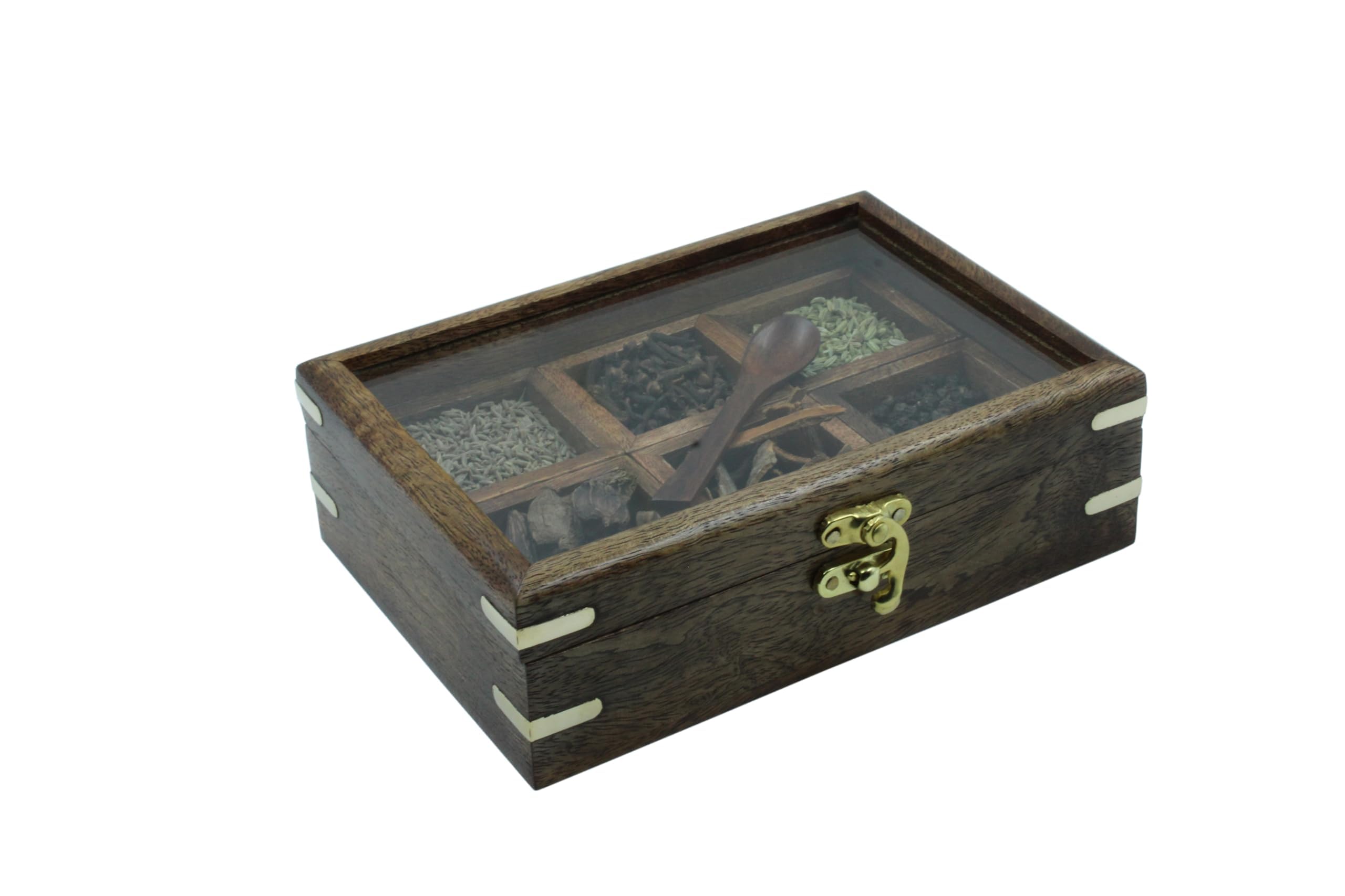 The Mind Challenge Wooden Rectangular Shape Spice Box Wooden Masala Box With 6 Compartment For Kitchen Spices (ColorBrown)