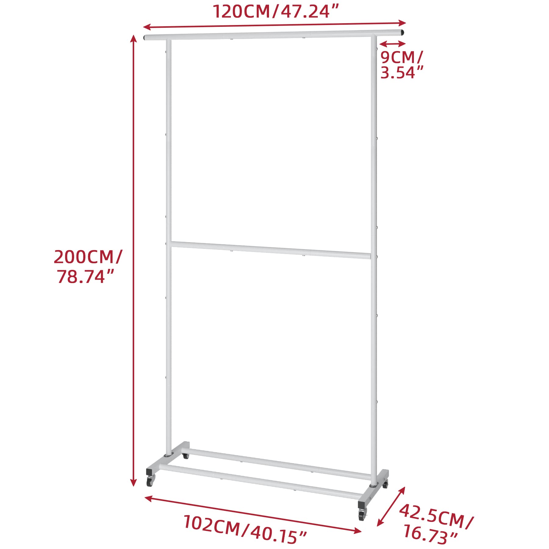 Sywhitta Double Rod Garment Rack - Rolling Clothes Organizer, Adjustable, White, Model 2-JHLYJ