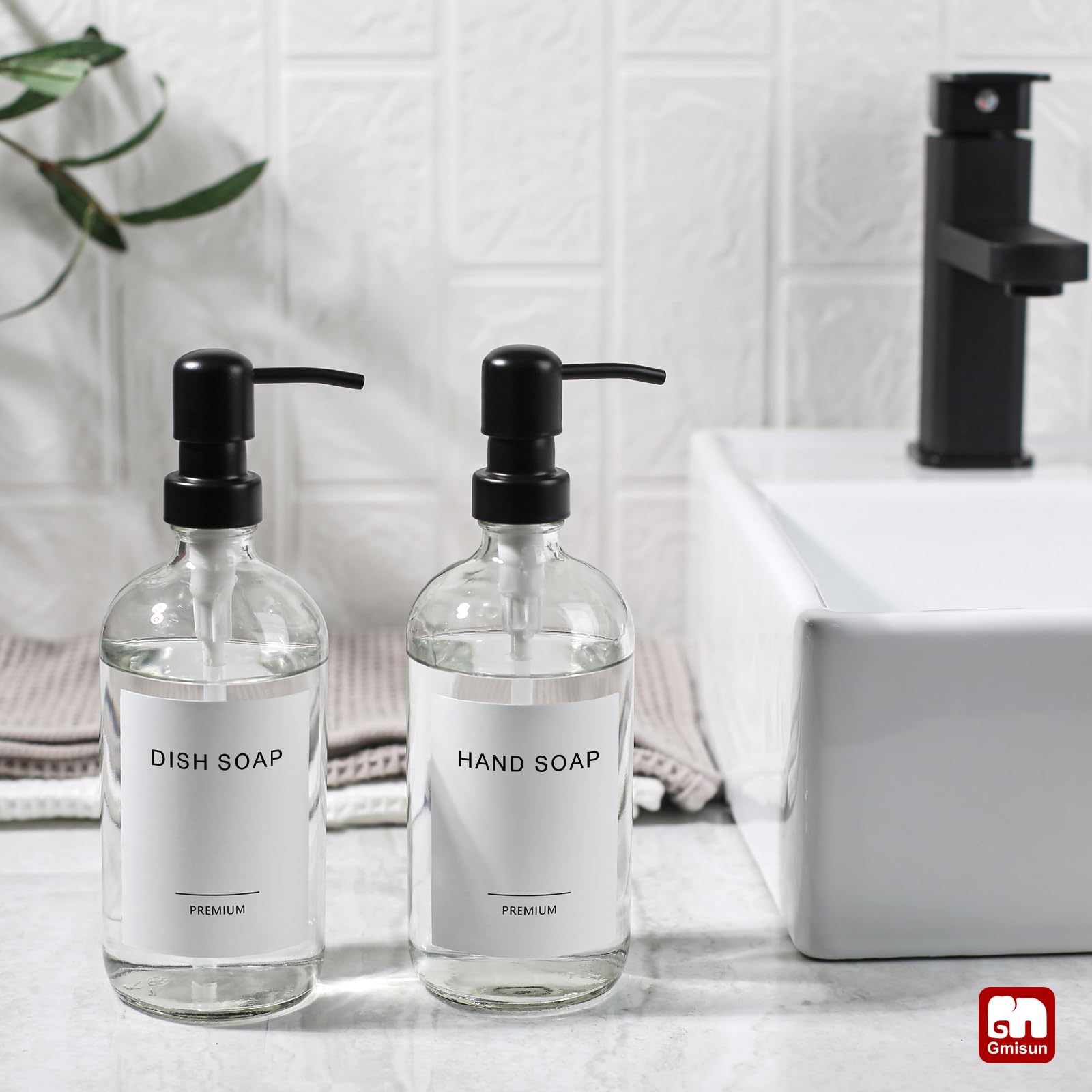Gmisun Glass Soap Dispenser With Pump, 2 Pack Clear Bathroom Hand Soap Dispenser With Stainless Steel Pump, 16 Oz Refillable Kit